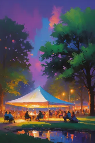 Write a romantic story set in Centennial Center Park during a music festival.,carnival tent,event tent,night scene,festival,evening atmosphere,food court,summer evening,farmers market,farmer's market,