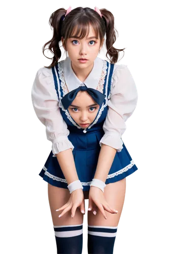 Kawaii girl, apology expression, bowing head, cute facial features, big round eyes, blushing cheeks, short hair, ponytail, white blouse, blue skirt, knee-high socks, black shoes, holding hands togethe