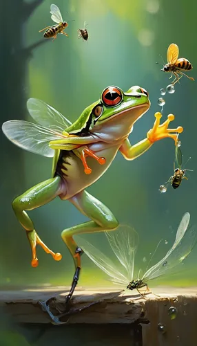 Depict a humorous situation where a tiny frog tries to catch a buzzing fly.,running frog,wallace's flying frog,frog background,frog king,northern praying mantis (martial art),tree frogs,flying insect,