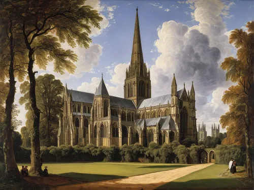 church painting,nidaros cathedral,ulm minster,gothic church,city of münster,gothic architecture,cathedral,abbaye de belloc,st mary's cathedral,notre dame,fredric church,the cathedral,maulbronn monastery,collegiate basilica,delft,the black church,francis church,oxford,muenster,notre-dame,Art,Artistic Painting,Artistic Painting 06