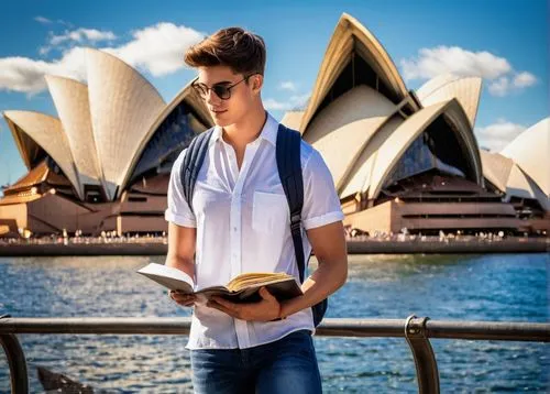 Male, young adult, 20-25 years old, casual wear, white shirt, dark blue jeans, sneakers, backpack, holding a sketchbook, standing, Sydney Opera House, UNSW campus, afternoon sun, warm lighting, low-an