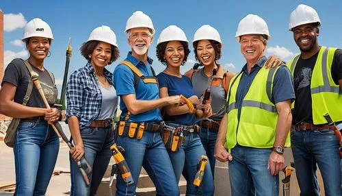 Modern architecture building, volunteer event, group of people, diverse age range, casual clothing, jeans, t-shirts, sneakers, hard hats, tool belts, holding tools, hammers, screwdrivers, smiling face