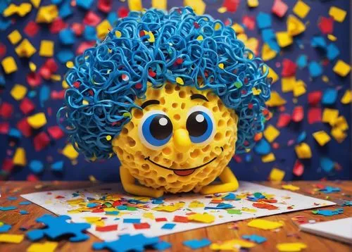 Sponge, smiling face, bright blue eyes, yellow skin, porous body, cartoon style, sitting, leaning forward, thinking pose, puzzle background, colorful confetti, scribbled notes, pencils scattered aroun