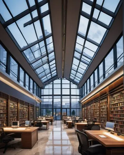 Grand, modern library architecture, symmetrical structure, large glass windows, sleek lines, minimalist decorations, marble floors, wooden shelves, rows of desks, comfortable reading chairs, soft box 