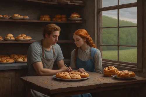 Write a heartwarming story set in Persephone Bakery, where a young couple falls in love over freshly baked cinnamon rolls.,girl with bread-and-butter,bakery,braiding,pastries,freshly baked buns,loaves