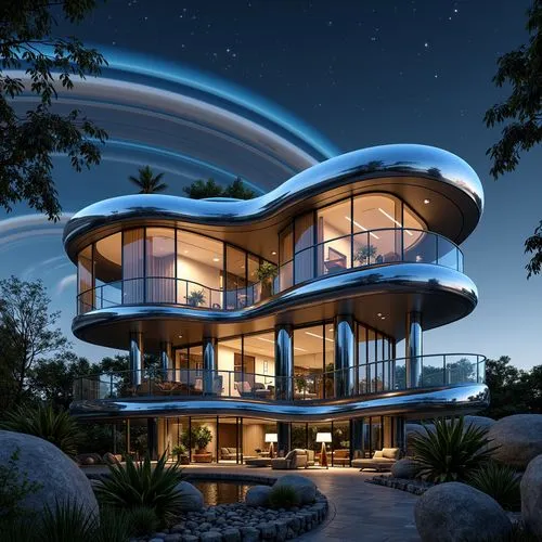 Imagina una casa futurista ubicada en un planeta similar a Saturno, rodeada de majestuosos anillos y un paisaje cósmico impresionante. La vivienda es completamente no convencional, con una arquitectur