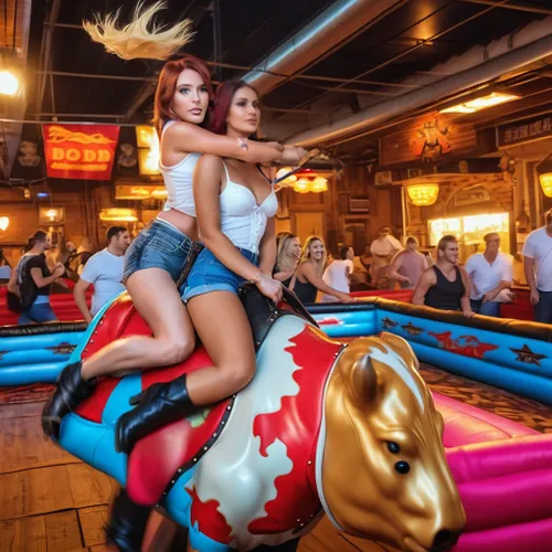 bull riding,cowgirls,country-western dance,jousting,rodeo,wild west hotel,western riding,barrel racing,line dance,bumper car,bumper cars,go-go dancing,western pleasure,riding toy,beer tables,rocking h