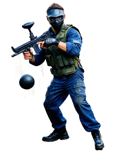 action pose, male player, dynamic movement, holding paintball gun, wearing mask, camouflage clothing, tactical vest, combat boots, splattered with paint, intense expression, sweat droplets, strong mus