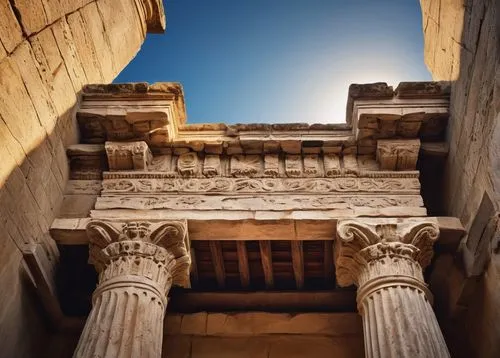 Ancient Greek column, Doric capital, ornate carvings, intricate details, weathered stone surface, crumbling edges, majestic structure, symmetrical composition, bright sunlight casting dramatic shadows