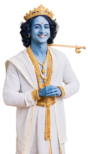 Hindu god, Lord Krishna, blue-skinned, smiling face, adorned crown, earrings, necklace, golden ornaments, draped in white-yellow garments, holding flute, standing with crossed legs, serene background,