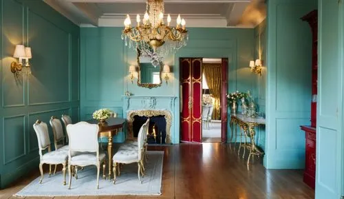 cozy dining room, classic wall panels, lots of details, chandelier, fireplace with fire, wall sconces. light floor, painted walls, interior decor, white doors,this is a formal room with blue walls and