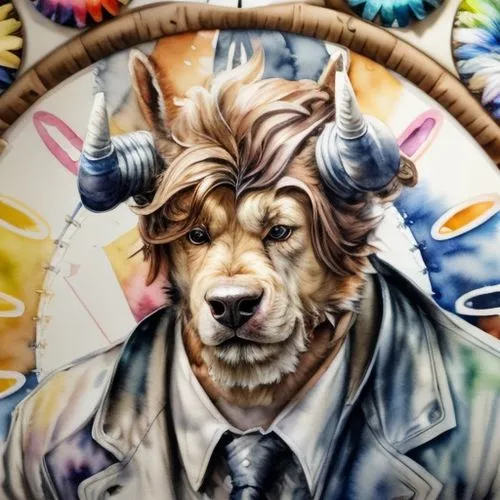 gnu,furta,minotaur,street artist,mural,lokportrait,capricorn,fantasy portrait,disc dog,taurus,necktie,silk tie,veterinary,bullseye,zodiac sign leo,glass painting,graffiti art,trioceros,hubcap,bohemian shepherd