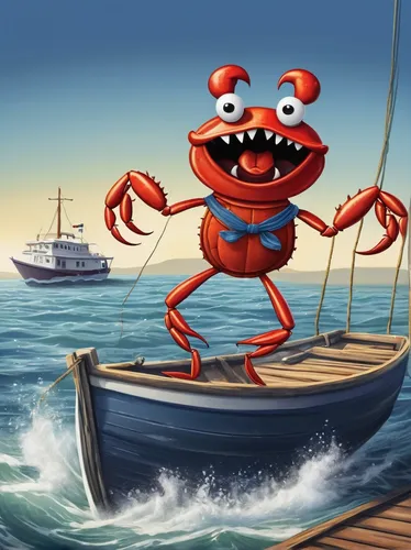 Create a comical crab cartoon dancing on a boat.,crab cutter,crab 2,crab 1,lobster skiff,crab,shrimp boat,crustacean,crab pot,square crab,game illustration,ten-footed crab,red cliff crab,sea devil,roc