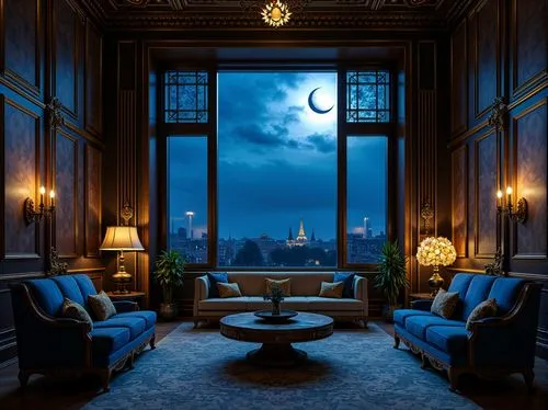 blue room,amanresorts,great room,ornate room,sleeping room,luxury hotel,intercontinental,night scene,moonlit night,sitting room,evening atmosphere,romantic night,blue hour,claridges,night image,livingroom,penthouses,victorian room,the cairo,soir