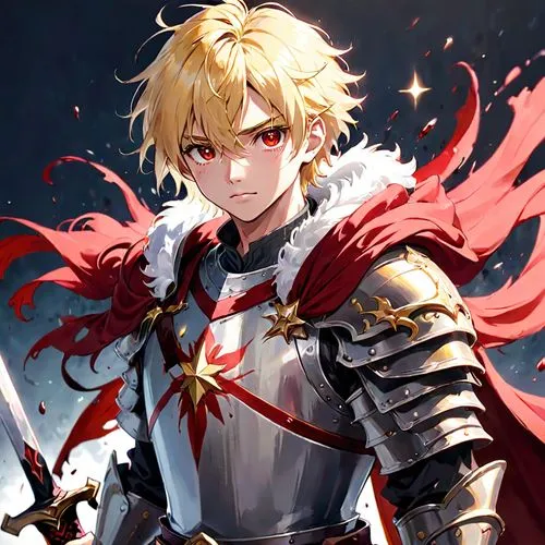 a young man with Beady blonde hair that long and would cover one of his eyes and that goes past their shoulders, stands still with his Blood red eyes with star like pupils. he also has fluffy white ea