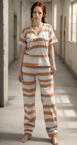 full body view:(female prisoner)(barefooted, barefoot, bare feet)(normal ideal human proportions, real human proportions)(medium buxom)(neutral expression, natural face, natural lips, pale lips)(long 