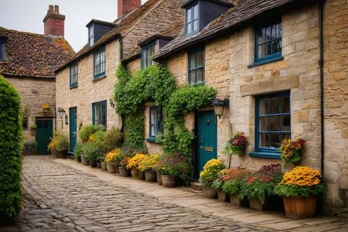 Malton English village, quaint architectural design, stone-built cottages, steeply pitched roofs, multi-paned windows, wooden doors, ivy-covered walls, flower-filled window boxes, winding cobblestone 