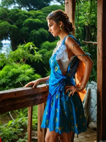 as she would look like in a photo,a woman standing by a balcony rail wearing a blue and white dress,nayantara,hydari,blue dress,cheongsam,aditi rao hydari,vaani,blue enchantress,blue hawaii,oliveria,a