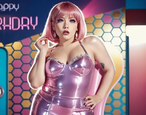 Pink hair, metallic dress, pouty lips,a picture of a woman that has her hands on her hip,hard candy,lazytown,jolin,hadise,birthday banner background,birthday background,Photography,General,Realistic