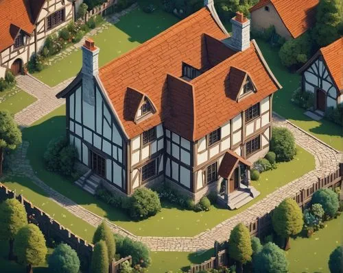 country estate,victorian,knight village,large home,victorian house,private estate,medieval town,small house,escher village,estate agent,country house,half-timbered house,elizabethan manor house,medieval castle,medieval architecture,country cottage,traditional house,knight house,tudor,terracotta tiles,Unique,3D,Isometric