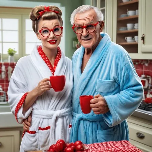 A whimsical, hyper-realistic image of a cute old grandpa dressed like a bathrobe in the 1950's kitchen, wearing oversized red rimmed glasses. In the background a handsome, woman in lingerie, making co