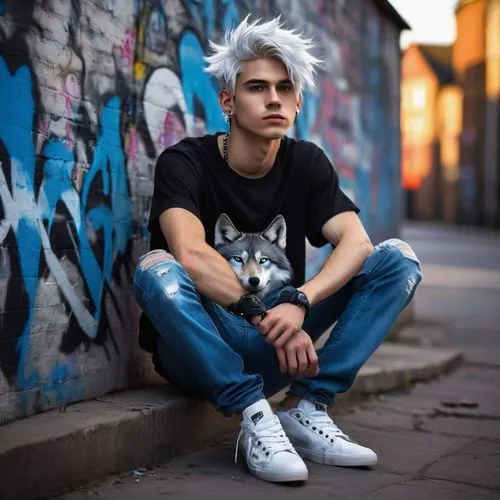 Therian, anthropomorphic, wolf-like, youthful male, 18yo, bright blue eyes, sharp facial features, messy white hair, pierced ears, silver studs, casual wear, ripped jeans, black graphic tee, sneakers,