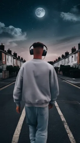 man walking down street with a pair of headphones in his ears,moonwalked,moonwalks,photo manipulation,moon walk,moonwalk,photoshop manipulation