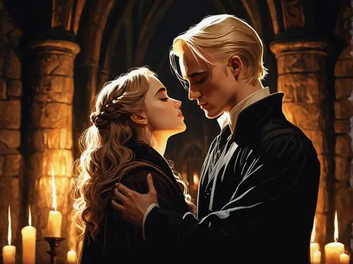 Draco Malfoy, Hermione Granger, embracing, kissing, tender, gentle, romantic, Hogwarts, dark academia, mysterious atmosphere, dimly lit, candlelight, stone walls, Gothic architecture, intricate carvin