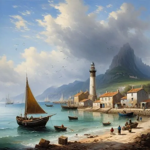 fishing village,coastal landscape,aivazovsky,sea landscape,kastelorizo,harbor,Conceptual Art,Oil color,Oil Color 06