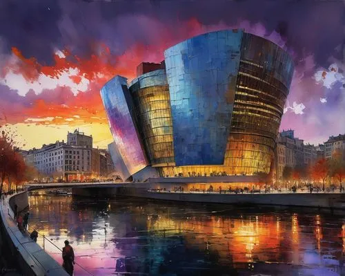 bilbao,city scape,fearnley,world digital painting,barcellona,azrieli,Illustration,Paper based,Paper Based 04