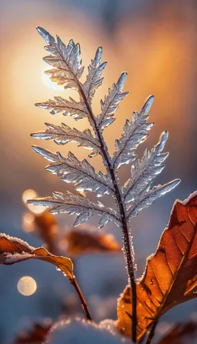 photo of frozen flame, liquide drops, snow crystals,  leaf, surrounded by a magic glow,frozen morning dew,morning frost,the first frost,hoarfrost,frost,ground frost,beech leaf,frosty weather,winter ma