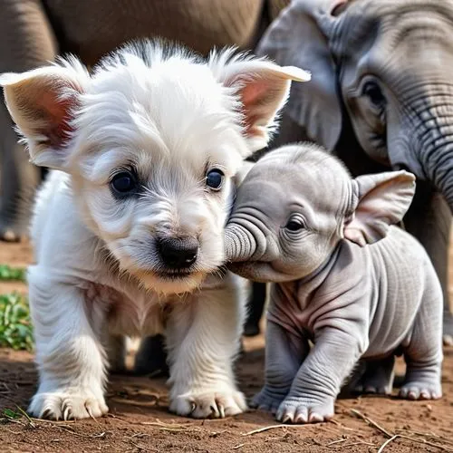 a cute west highland white terrier puppy hugging a baby elephant, baby elephant has a tear in it's eye, cute, adorable, beautiful,,baby elephants,elephant with cub,baby elephant,cute animals,elephant 