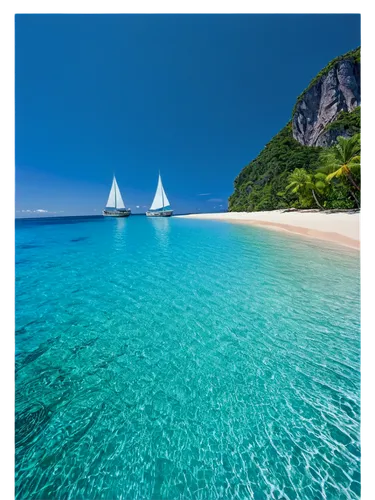 Tropical island, Phuket landscape, sunny day, blue sky, clear turquoise water, white sandy beach, palm trees swaying gently, rocky cliffs, sailboat in distance, 3/4 composition, wide-angle lens, vivid