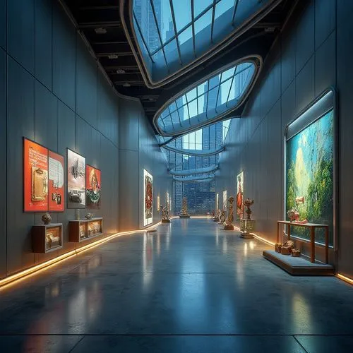 futuristic art museum,art gallery,gallery,hallway,hallway space,art museum,gallerie,foyer,lobby,galleries,entrance hall,3d rendering,modern room,galerie,glass wall,galleria,corridor,sky space concept,a museum exhibit,exhibitions,Photography,General,Realistic