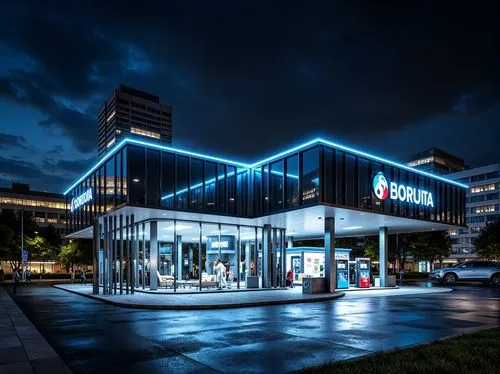 Modern gas station, sleek metallic facade, angular lines, minimalist design, neon signage, LED lights, reflective glass surfaces, bold color schemes, industrial materials, steel beams, concrete floors