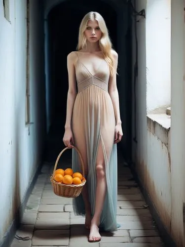 The picture shows a young skinny woman with long, platinum blonde hair standing in a narrow, dark corridor or street. There is a gloomy, mysterious atmosphere. The woman is wearing a long, see-through