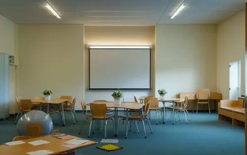 class room ,an empty classroom with wooden desks and chairs and projector screen,lecture room,conference room,staffroom,meeting room,class room,board room,Photography,General,Realistic