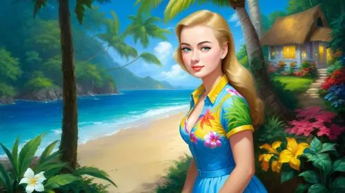 Romantic masterpiece oil painting, cute girl portrait, nostalgic 1950's style kitsch, vibrant rainforest landscape, lush tropical jungle paradise, summer beach cottage scenery, by Thomas Kinkade, by B