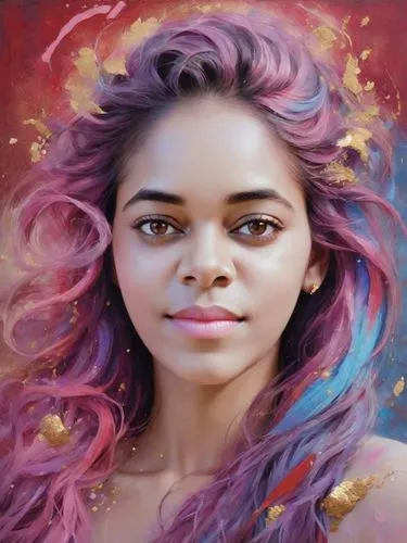 Oil painting relief a vibrant and colorful portrait of a woman. Her face is painted with a mix of pink, blue, and purple hues, with gold accents scattered throughout. Her flowing hair is a blend of th