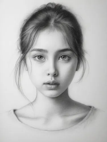 girl drawing,girl portrait,graphite,charcoal pencil,portrait of a girl,charcoal drawing,Illustration,Black and White,Black and White 35