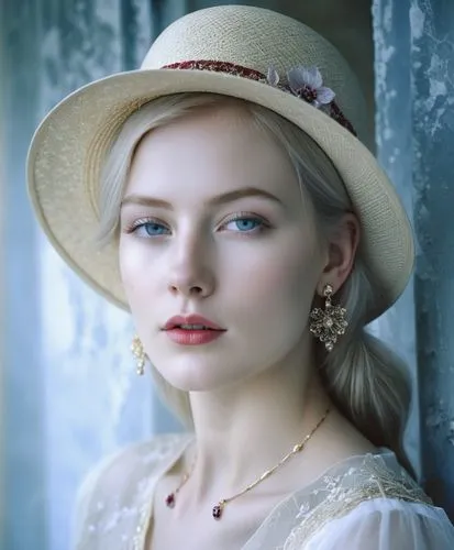 Close-up portrait of a young woman with striking features, displaying a thoughtful or introspective expression. Her face is highlighted by bright blue eyes, red lipstick, and delicate freckles dusting