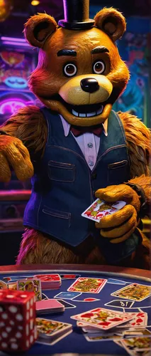 animatronic characters, Freddy Fazbear, Chica, Bonnie, Foxy, playing cards, UNO game, pizzeria setting, colorful card designs, metallic textures, artificial lighting, close-up on hands dealing cards, 