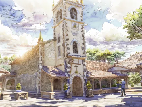 church painting,violet evergarden,church,cathedral,churches,altos de chavon village,knight village,basilica,notre dame de sénanque,church faith,volterra,medieval town,saint coloman,the basilica,town square,oradour sur glane,church bells,the cathedral,church towers,provence