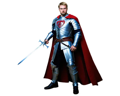 Fantasy RPG scene, medieval knight, solo, (30yo), muscular build, blonde hair, blue eyes, scar above eyebrow, silver armor, red cape, sword in hand, heroic pose, dramatic lighting, cinematic compositi