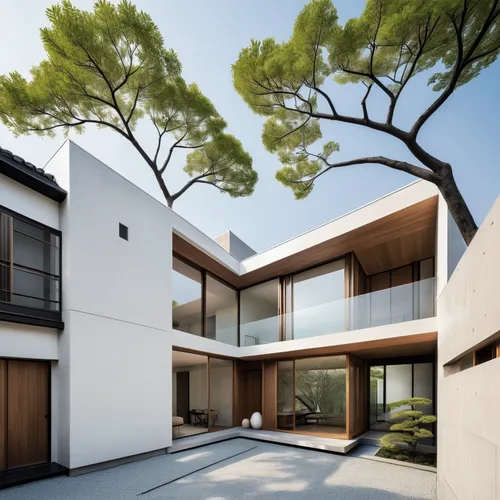 Design modern Japanese architecture with sleek lines, minimalist interiors, and innovative materials. Craft a contemporary atmosphere for a sophisticated and urban space.,modern house,modern architect