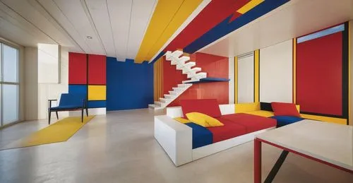 몬드리안의 이미지를 활용해 모더니즘 스타일로 디자인해줘.  ,children's interior,children's room,mondrian,children's bedroom,athens art school,gymnastics room,kids room,parquet,interior design,interior decoration,school design