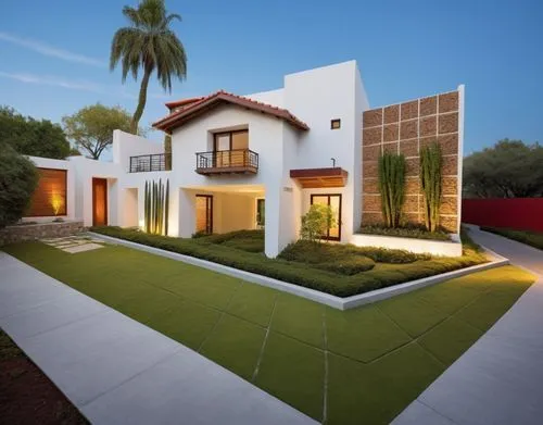 DISEÑO EXTERIOR DE CASA ESTILO MODERNO MEXICANO, UBICADA EN UN FRACCIINAMIENTO RESIDENCIAL, CON MUROS BLANCOS, USO DE CANTERA EN UN MURO, CANCALES DE ALUMINIO COLOR MADERA, HERRERIA, PERSONAS, VEGETAC