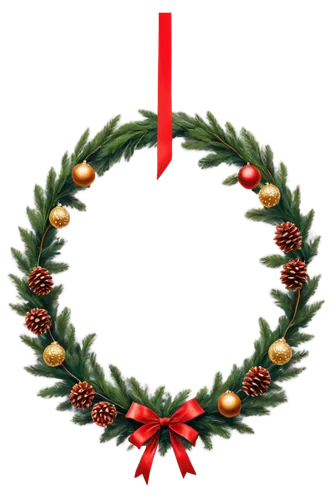 Christmas wreath, evergreen branches, red berries, golden ribbon, pinecones, ornaments, festive, colorful, circular shape, 3D appearance, soft lighting, macro shot, detailed texture, realistic, warm c