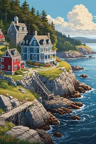 monhegan,nubble,newfoundland,maine,coastal landscape,vinalhaven,pemaquid,bonavista,bar harbor,raincoast,tadoussac,seaside country,thimble islands,new england,seacoast,beavertail,coastline,boothbay,lubec,newfoundlander,Unique,3D,Isometric