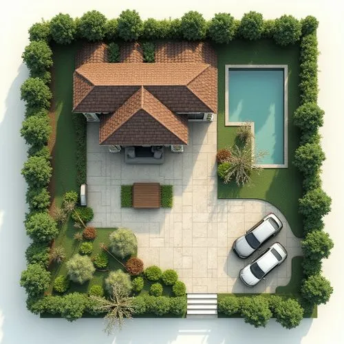 a render of a landscape siteplan, backyard design, pergola in upper corner, tile flooring, L-shaped house in the middle, a parking for 3 cars in the right side of the house


,an overhead view of a ho